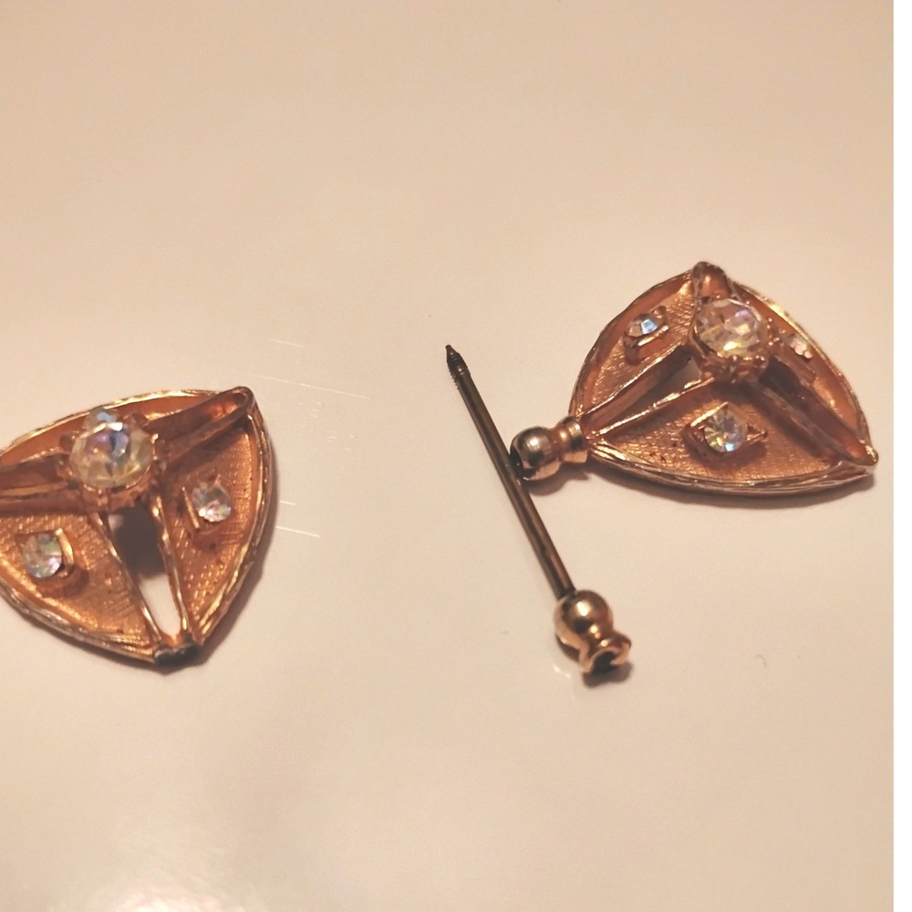 💖Vintage Art Deco Gold Triangle Jabot Pin Rhinestone Hatpin Set fairy Preppy - Picture 4 of 5
